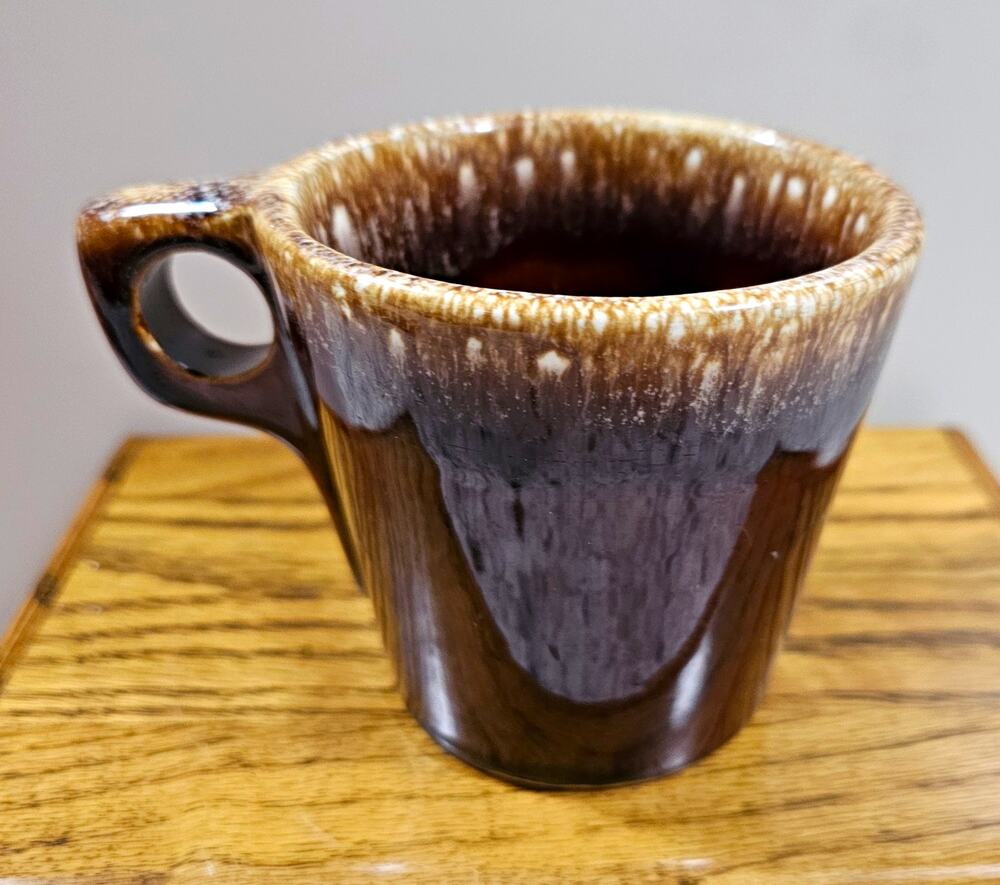 Hull USA Brown Drip Glaze Ceramic Mug Hole Handle Signed Impressed Backstamp